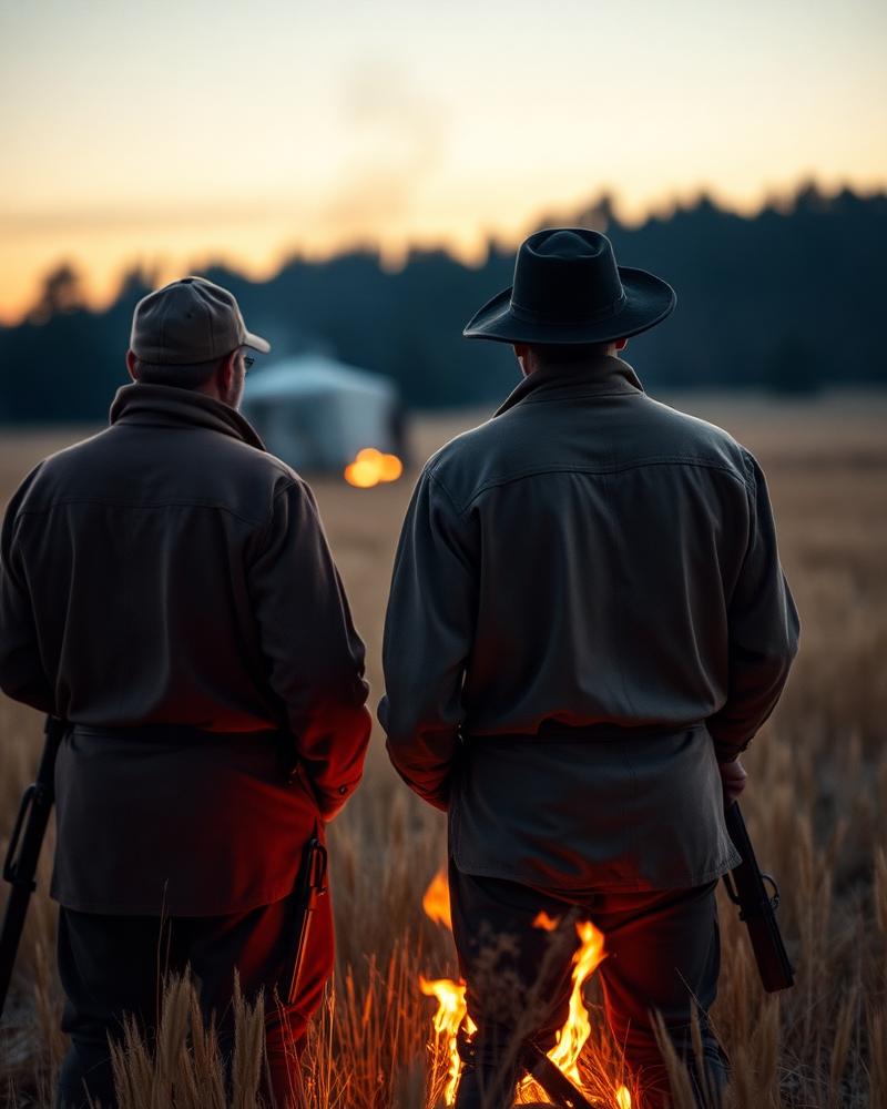 Two men in heritage hunting gear standing in a field at dusk