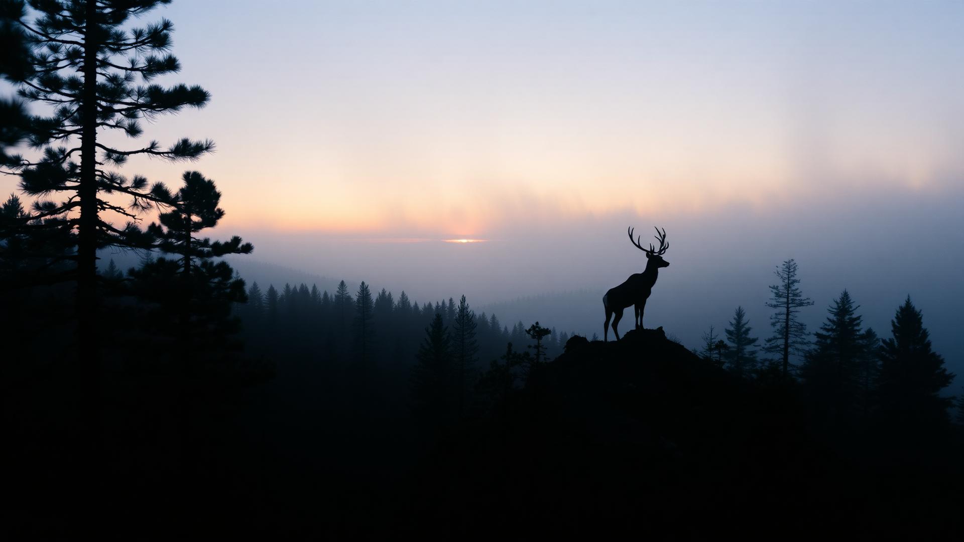 A lone stag silhouetted on a misty forest ridge at dusk