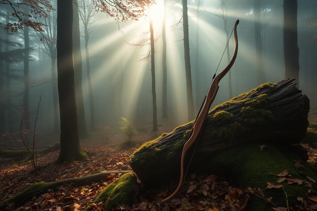 Misty Appalachian forest with a traditional recurve bow
