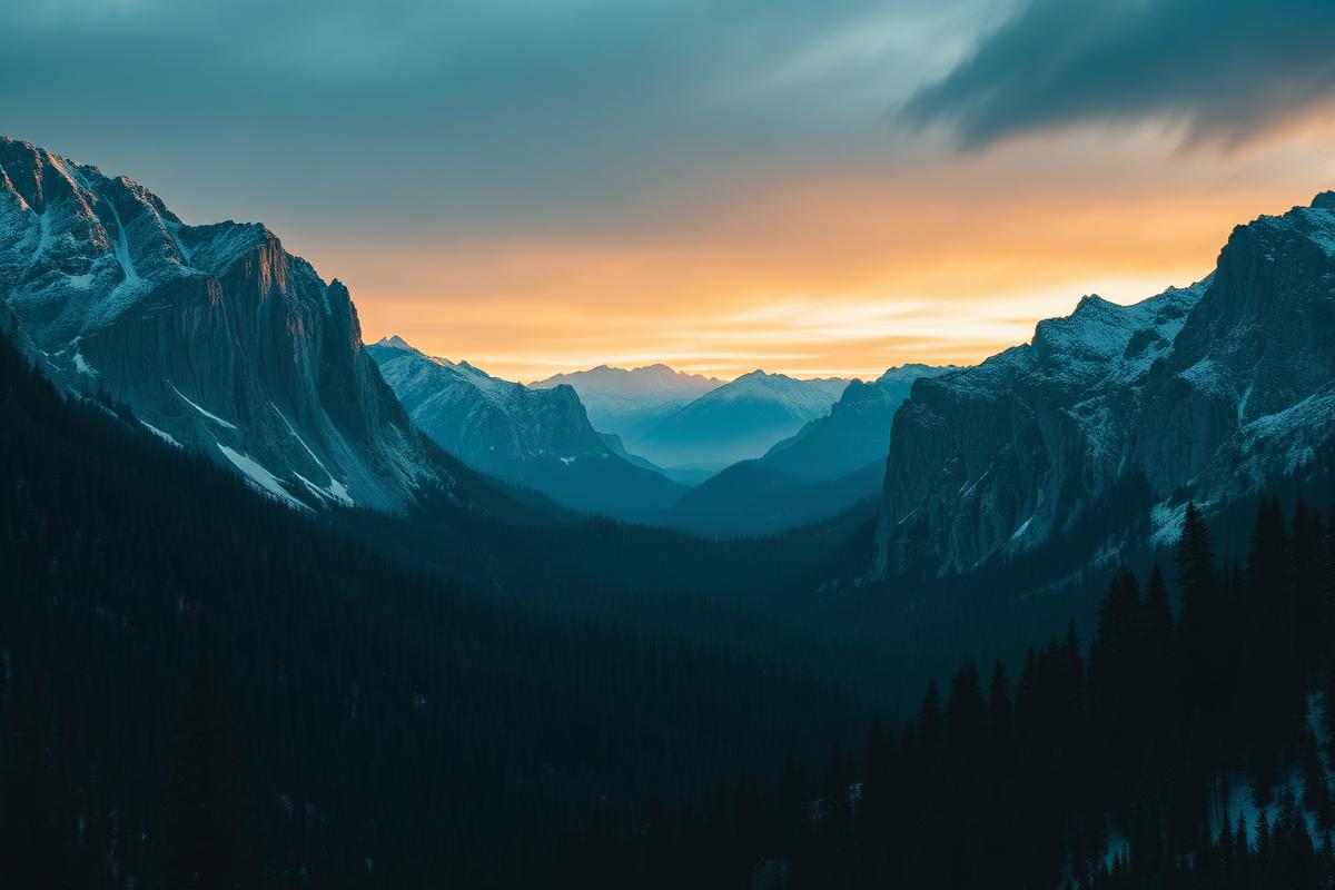 Snowy mountain peaks above deep pine valleys at dawn