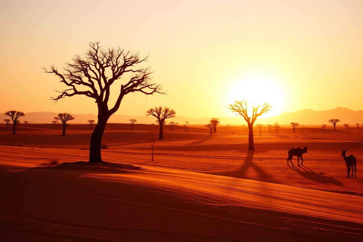 Namibian desert plains with acacia trees at golden hour