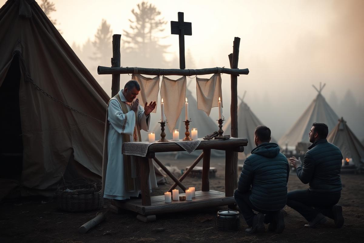 Priest celebrating Mass at a rustic altar in a wilderness camp at dawn